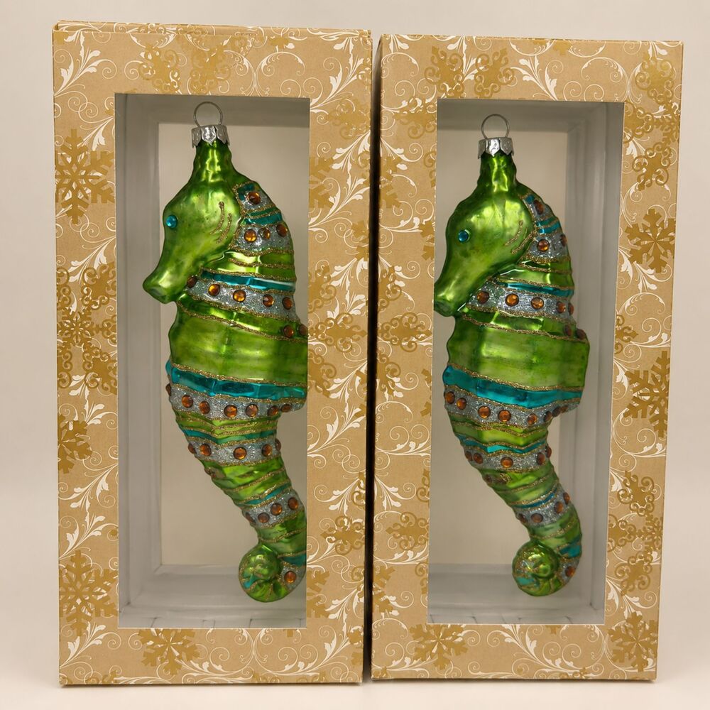 2 Glass Seahorse Christmas Ornaments Green Coastal Beach Holiday Decor NIB